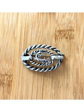 Antique Sterling Silver Pin Of Dragon With Rope Border / Antique Brooch